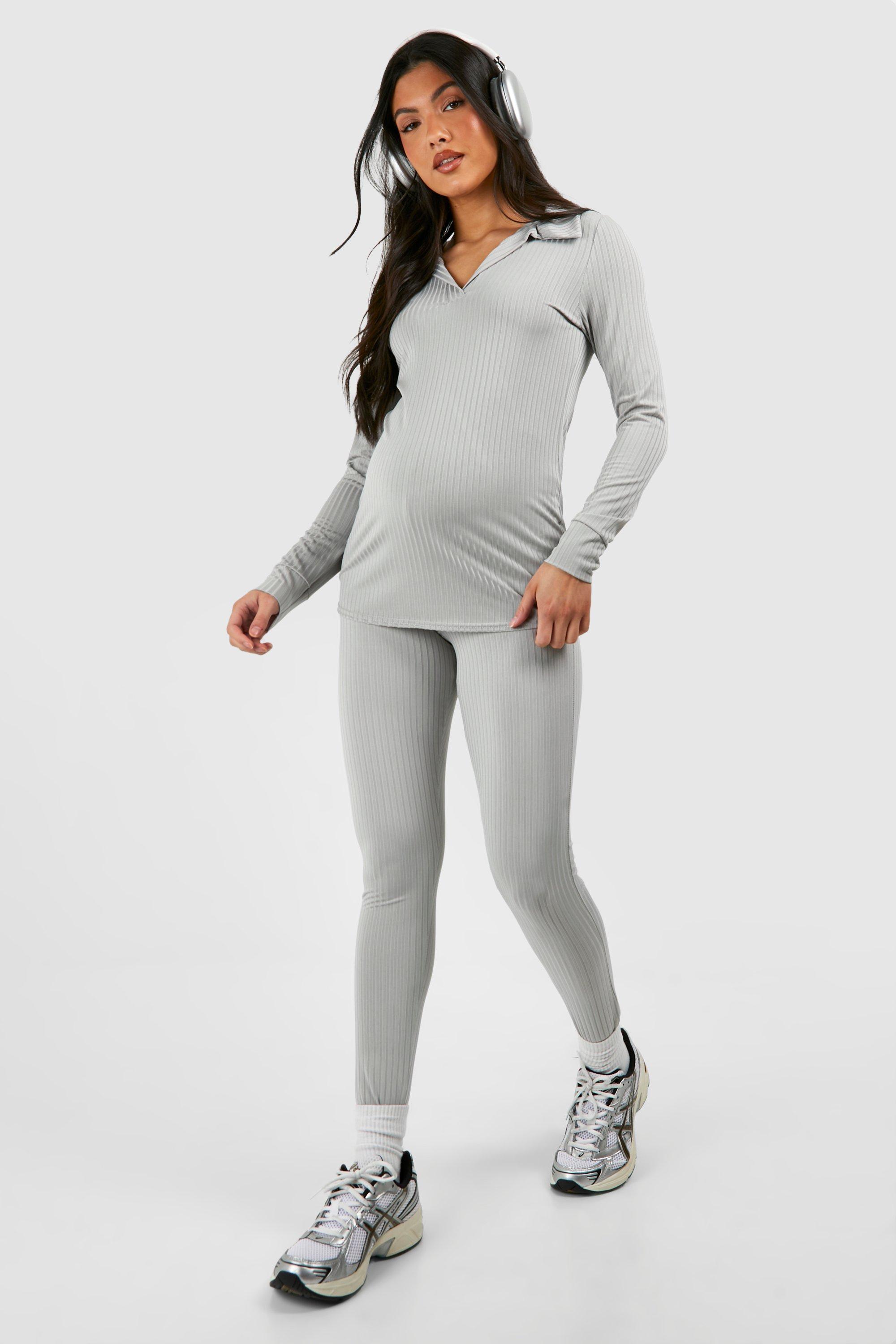 Womens Maternity Rib Collared T-Shirt And Legging Set - Grey - 10, Grey